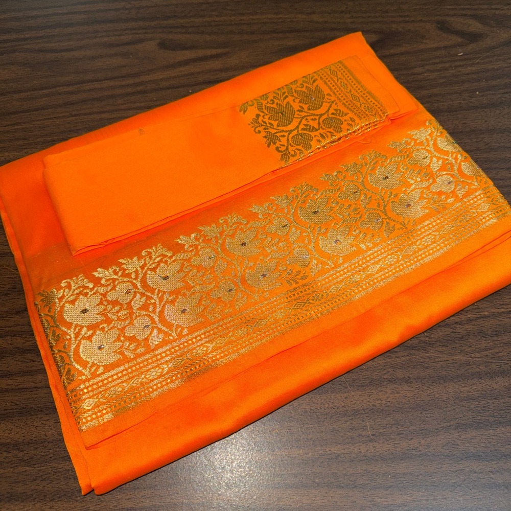 NEW Indian‎ Womens Brocade ART/Artificial Silk Sari SAREE Golden Yellow w/Blouse